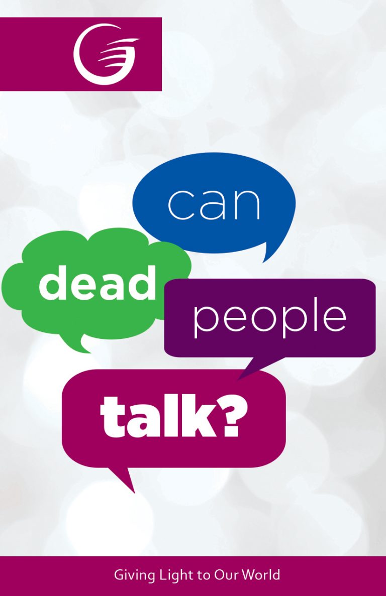 Pamphlet cover with the Can dead people talk each in a separate speech bubble of different colours.