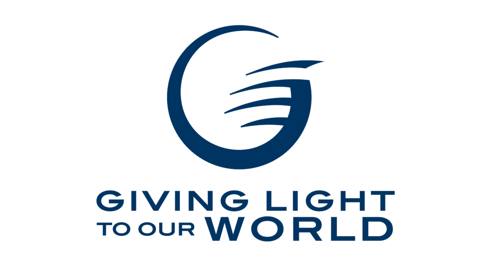 GLOW, giving light to our world logo. Blue circular logo with four lines on the right side.