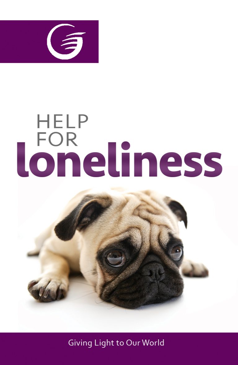A sad pug puppy lying down with the title Help for loneliness in purple above it.