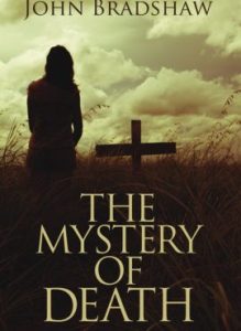 The Mystery of Death book cover. It shows the silhouette of lady standing looking at a grave marked with a cross.